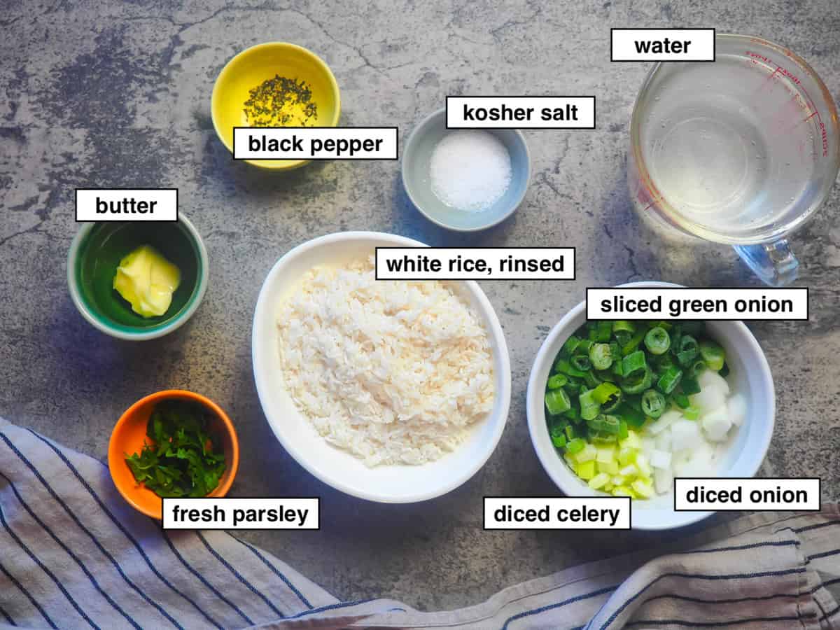 the ingredients in green onion rice, labeled