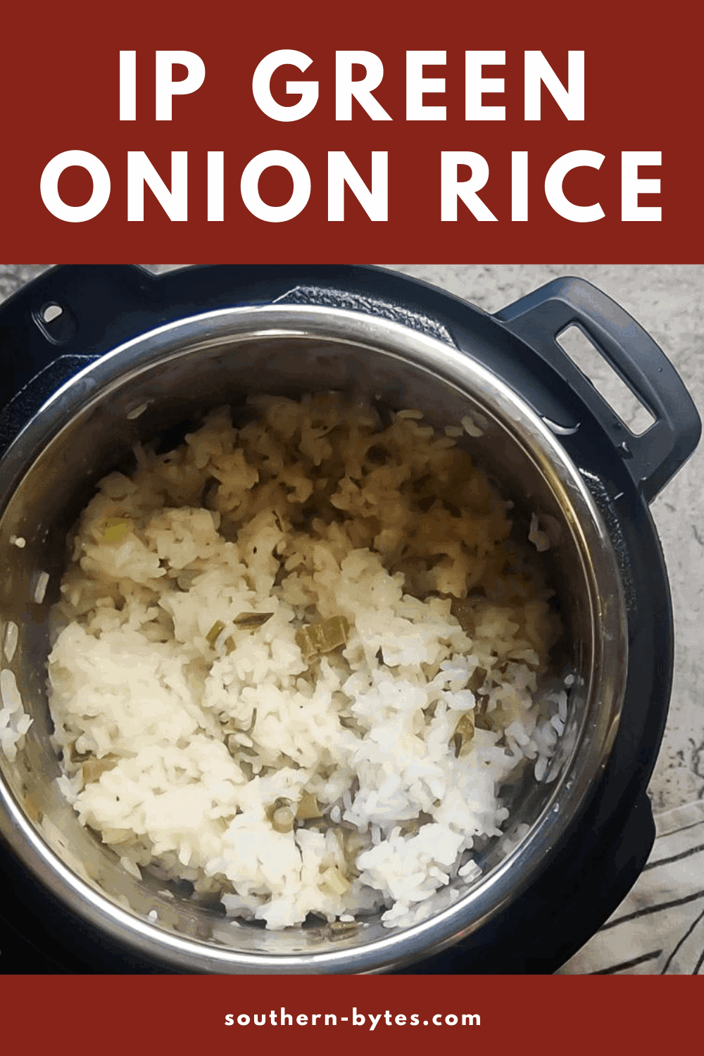 a pin image of an instant pot with green onion rice in it