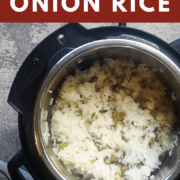 a pin image of an instant pot with green onion rice in it