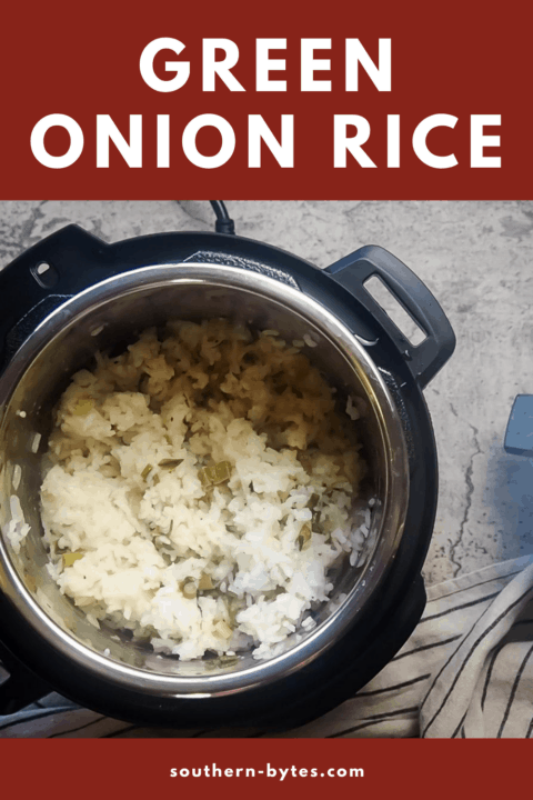 a pin image of an instant pot with green onion rice in it