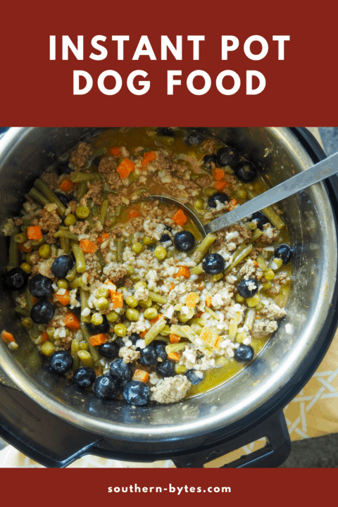 a pin image of an instant pot with homemade dog food in it - rice, ground beef, vegetables.