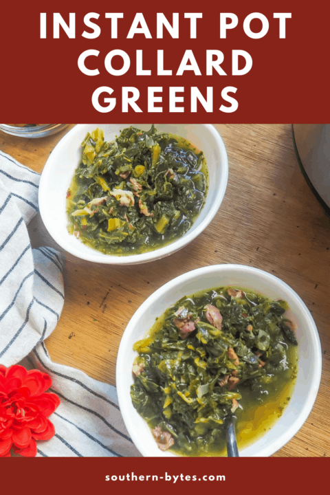 a pin image of two white bowls of collard greens.