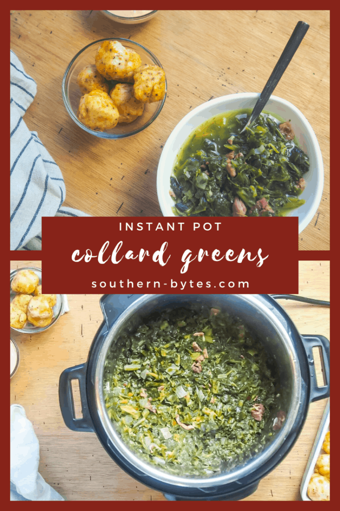a pin image of instant pot collard greens with a text overlay.