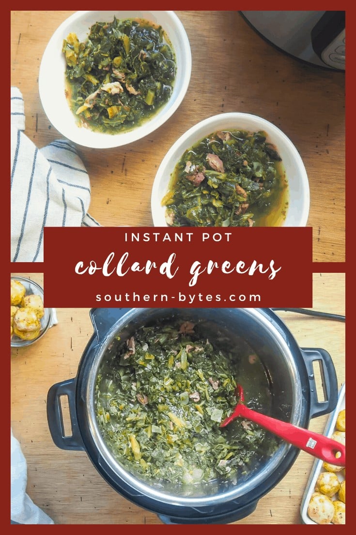 a pin image of instant pot collard greens with a text overlay.