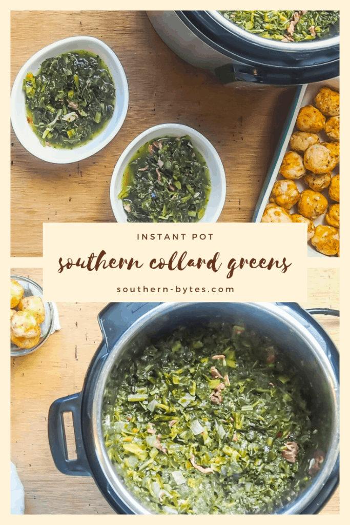 a pin image of instant pot collard greens with a text overlay.