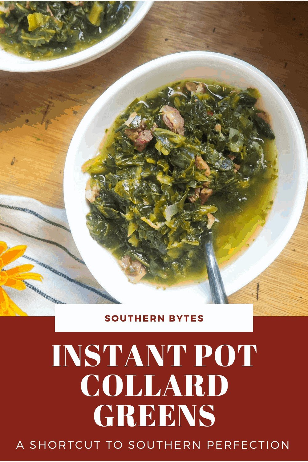 a pin image of a bowl of instant pot collard greens.