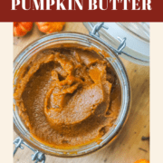 a pin image of a jar of pumpkin butter