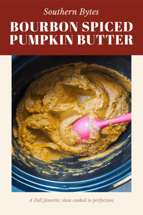 a pin image of a crock pot with pumpkin butter in it