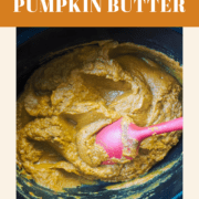 a pin image of cooked pumpkin butter in an instant pot