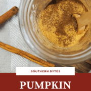A pin image of a jar of pumpkin pie spice and a small wooden spoon with text overlay.