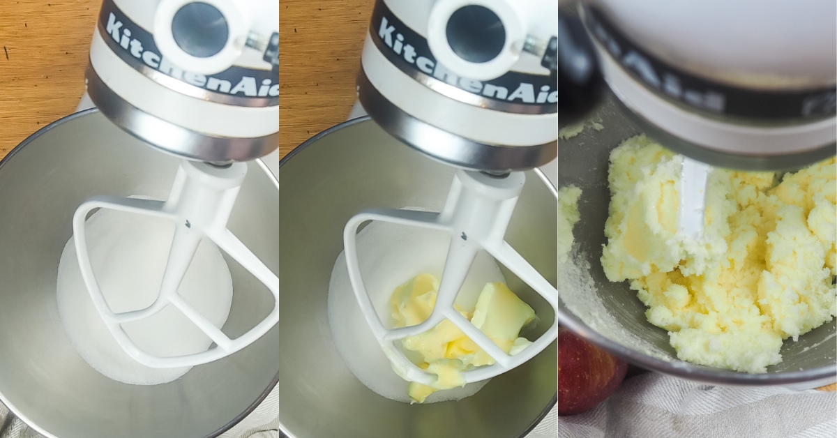 A horizontal collage of images showing the process of creaming butter and sugar for cookie dough.