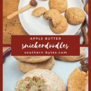 A pin image with a plate of snickerdoodles on top, a snickerdoodle broken in half on the bottom, and text overlay in the middle.