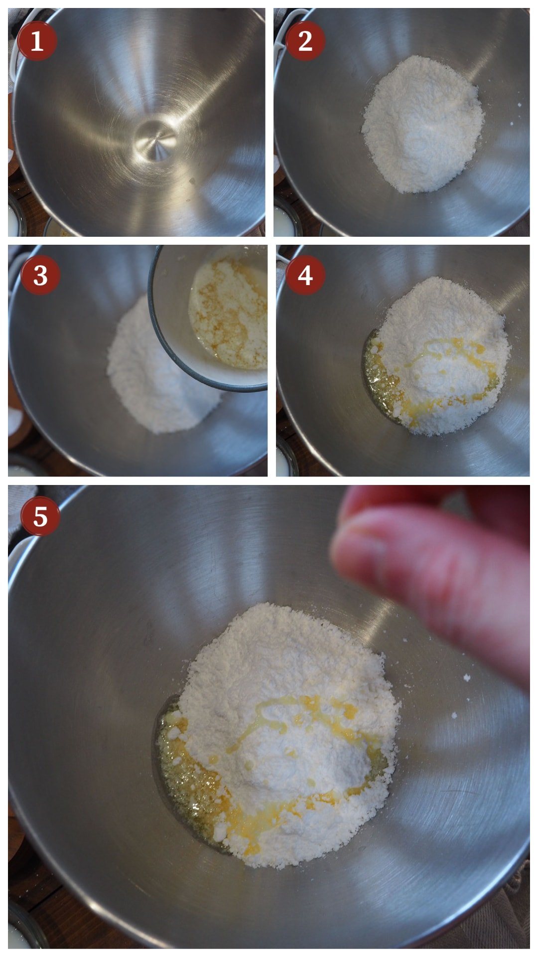 A collage on images showing the steps to add ingredients to make homemade peanut butter cups, steps 1 - 5.