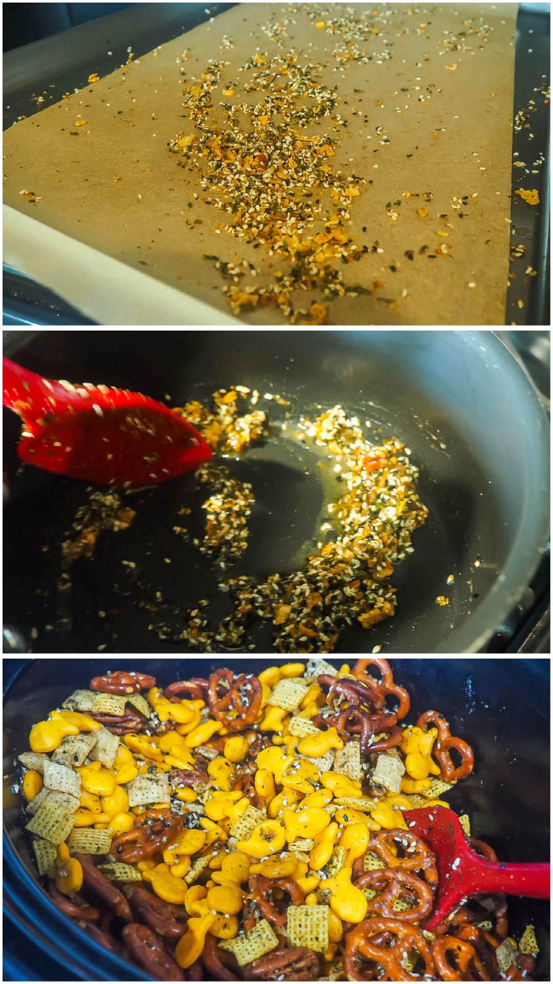 A process collage of making chex party mix, mixing seasoning with butter.