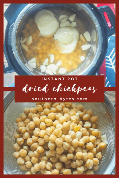 A pin image with two images of cooked chickpeas, one with chickpeas in a metal strainer with a blue napkin and one in an instant pot.