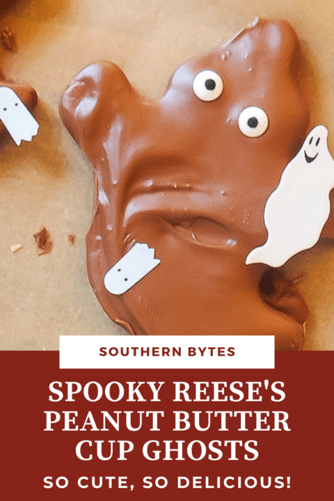 A pin image of a homemade Reese's peanut butter cup ghost.