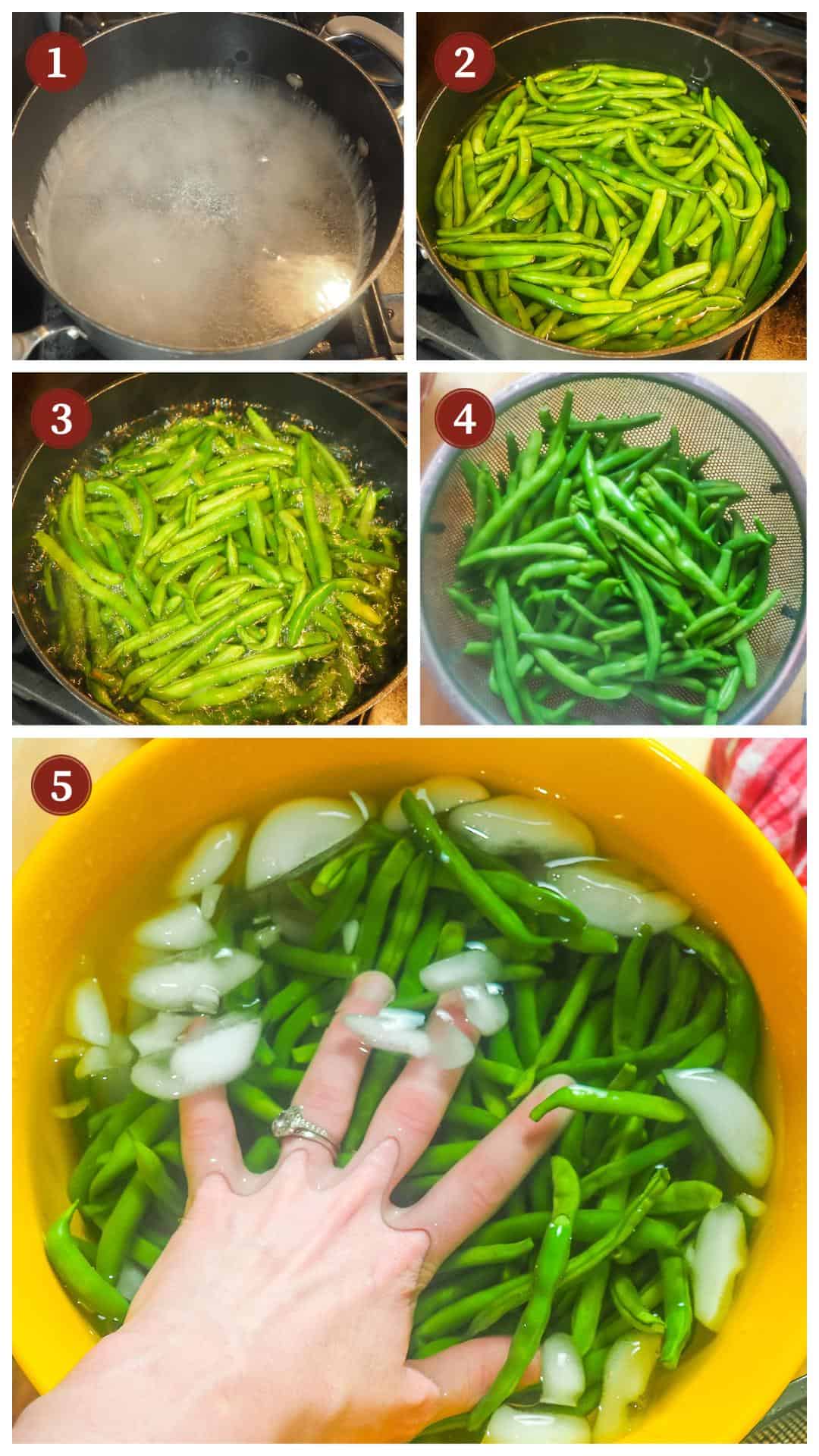 A collage of images showing how to blanch green beans.
