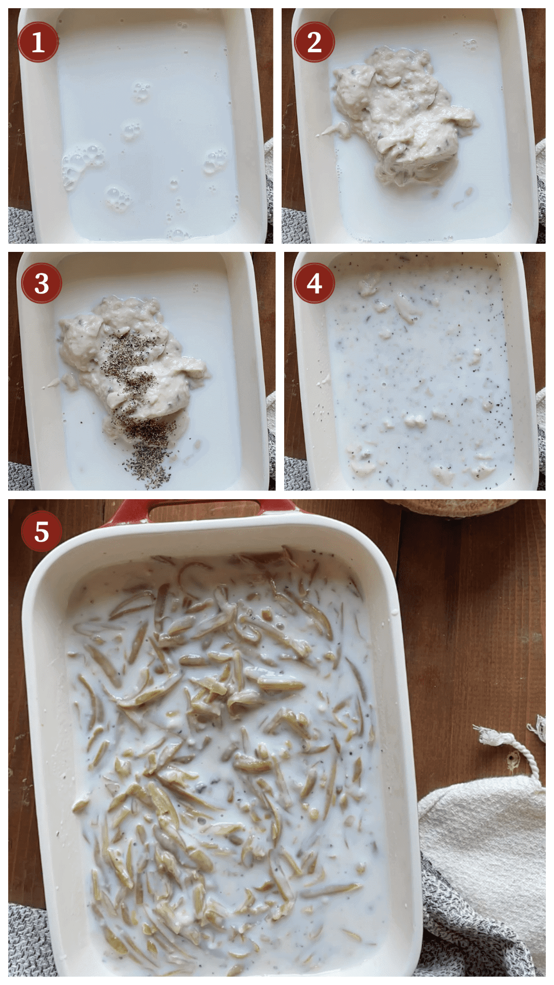 A process collage of images showing how to make green bean casserole, steps 1 - 5