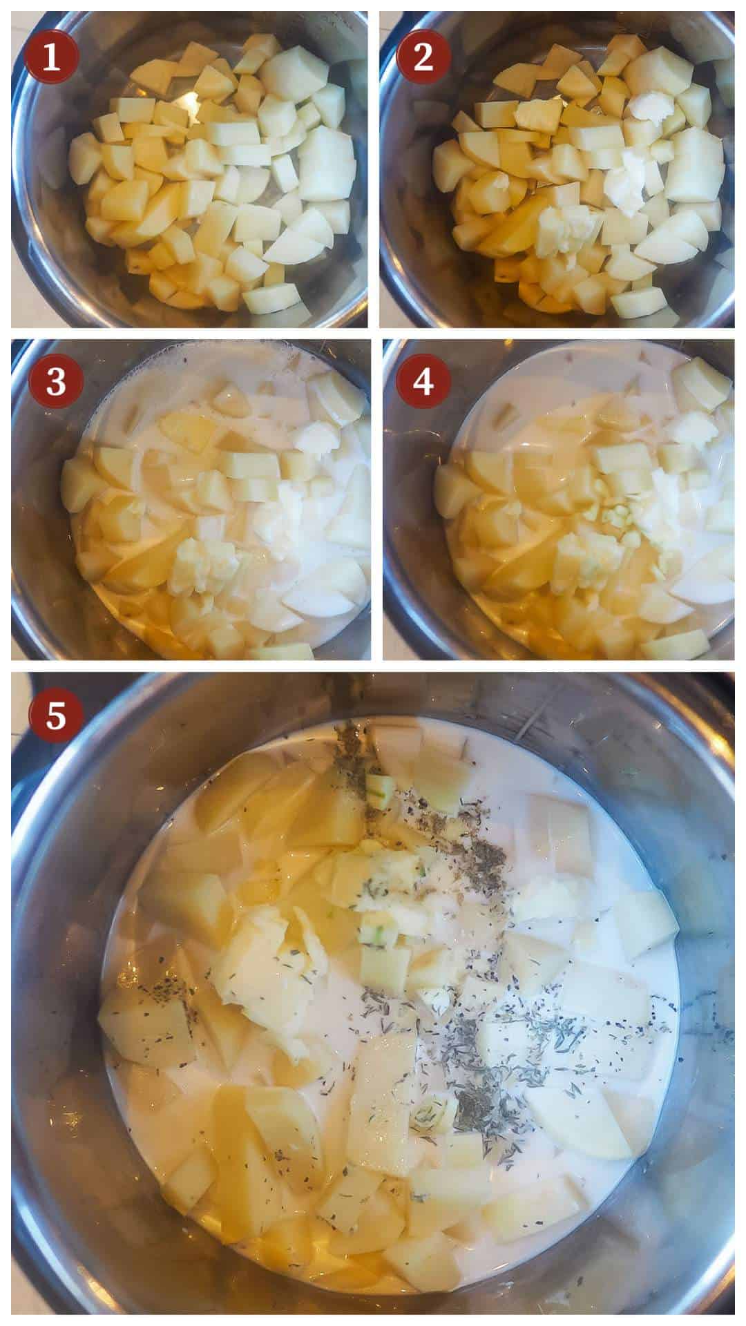 A collage of images showing the process of making mashed potatoes in an instant pot, steps 1 - 5.
