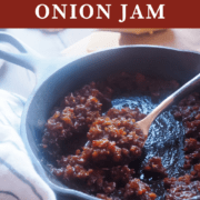 A pin image of a small skillet filled with bacon onion jam.