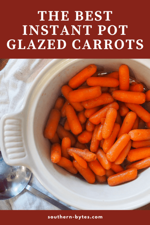 A pin image of glazed carrots in a white serving dish with a serving spoon.