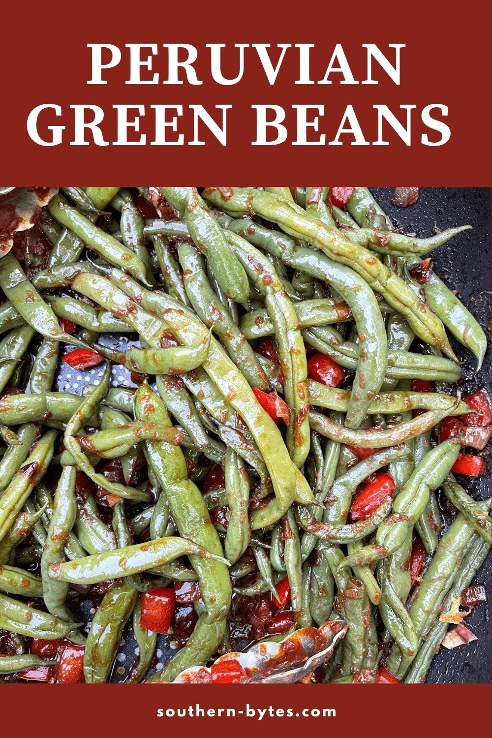 A pin image of a serving dish filled with ginger green beans and a pair of tongs.