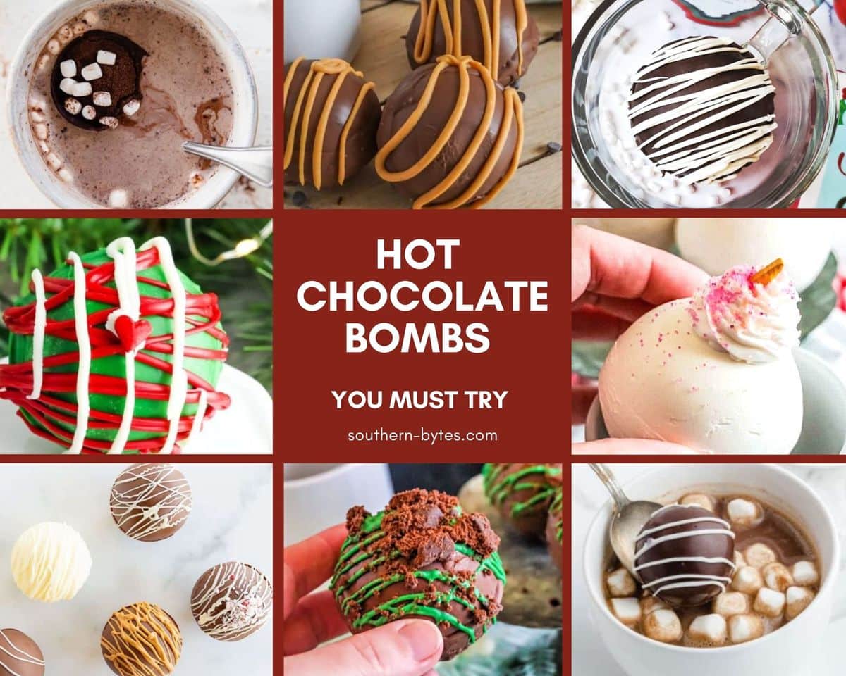 A collage of images of hot chocolate bombs.