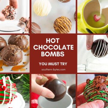 A collage of images of hot chocolate bombs.