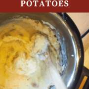 A pin image of an instant pot of mashed potatoes.