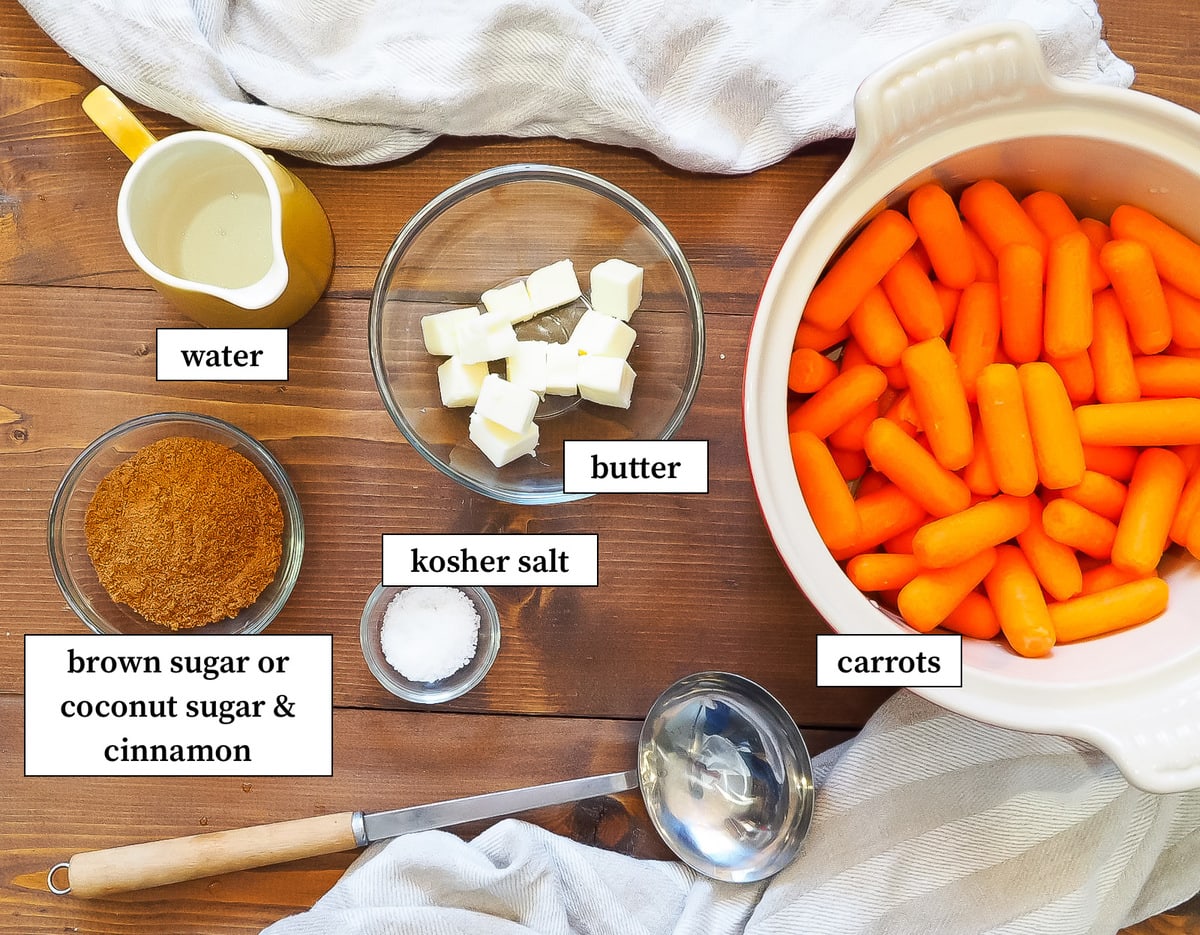 The ingredients in glazed carrots, labeled.