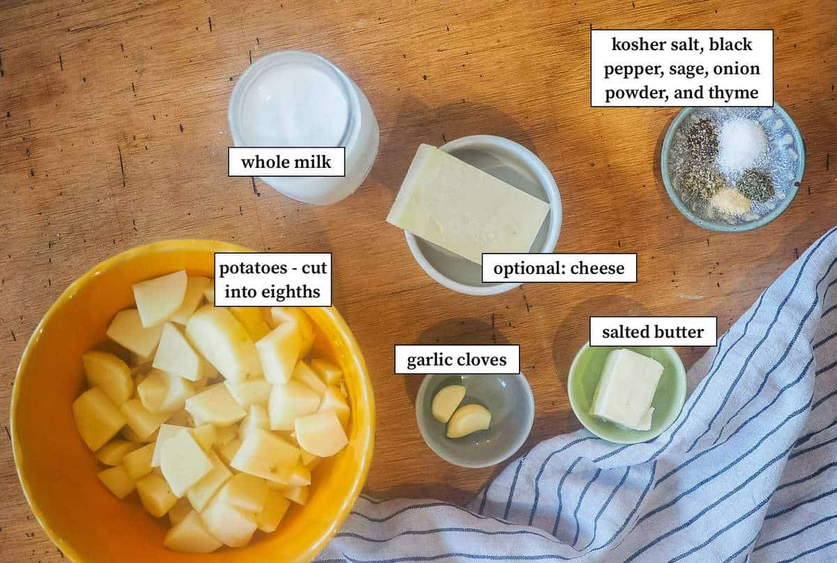 The ingredients in garlic mashed potatoes, laid out and labeled.
