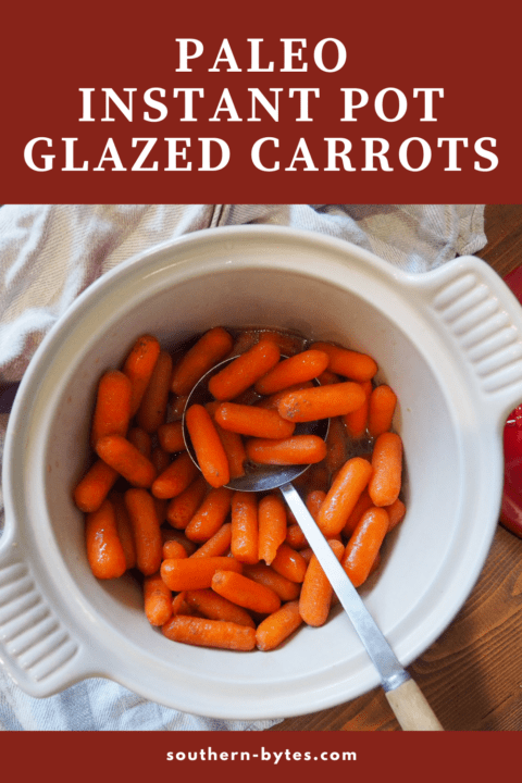 A pin image of paleo glazed carrots in a white serving dish with a serving spoon.