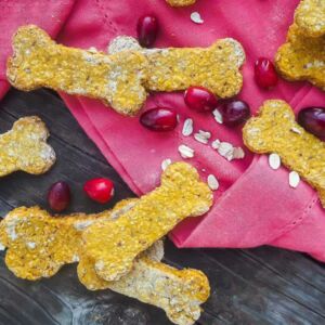 Bone shaped dog treats on a pink napkin with cranberries and oats scattered on a wood floor.