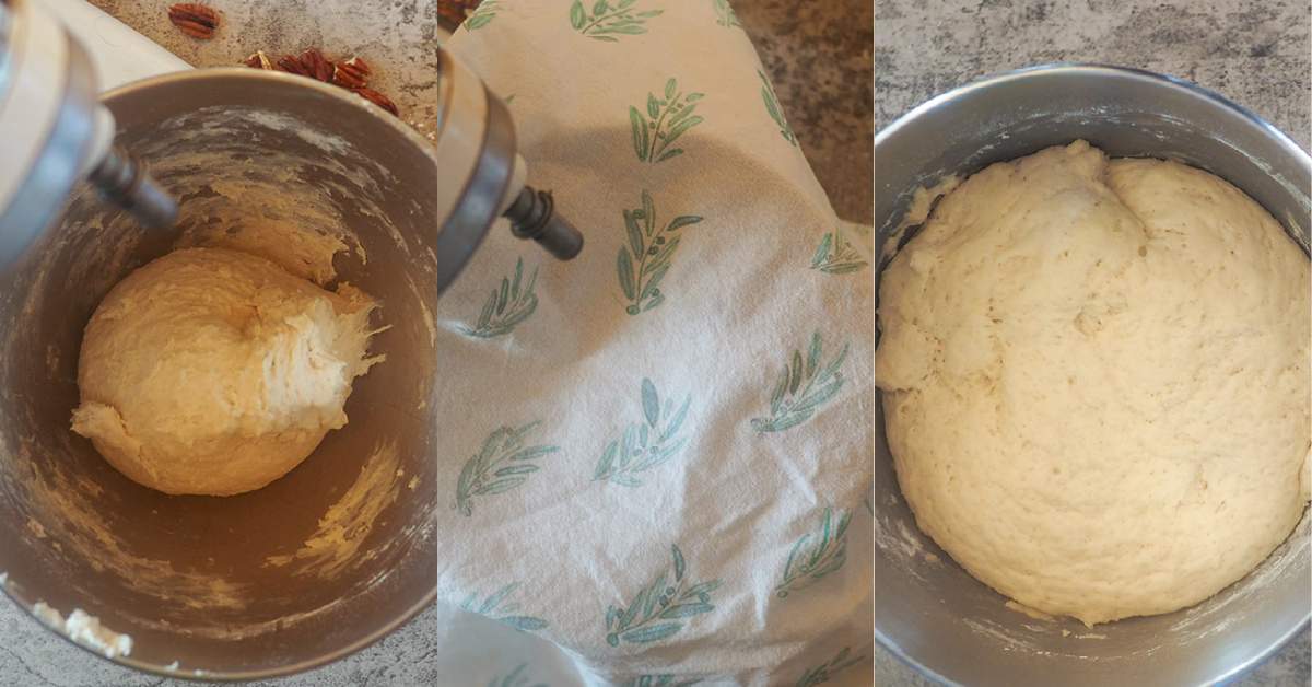 A collage of three images showing the rise in cinnamon roll dough - from a small ball to filling the bowl.