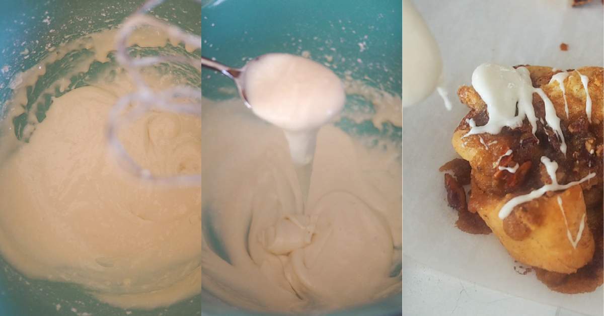 Three images showing the consistency of cinnamon roll icing - dripping off the spoon.