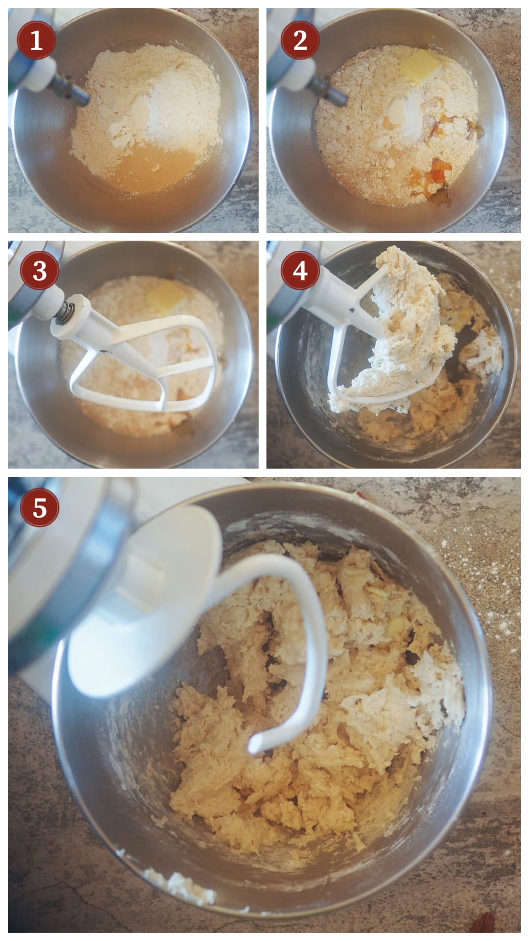 A collage of images showing how to make cinnamon roll dough, steps 1 - 5.
