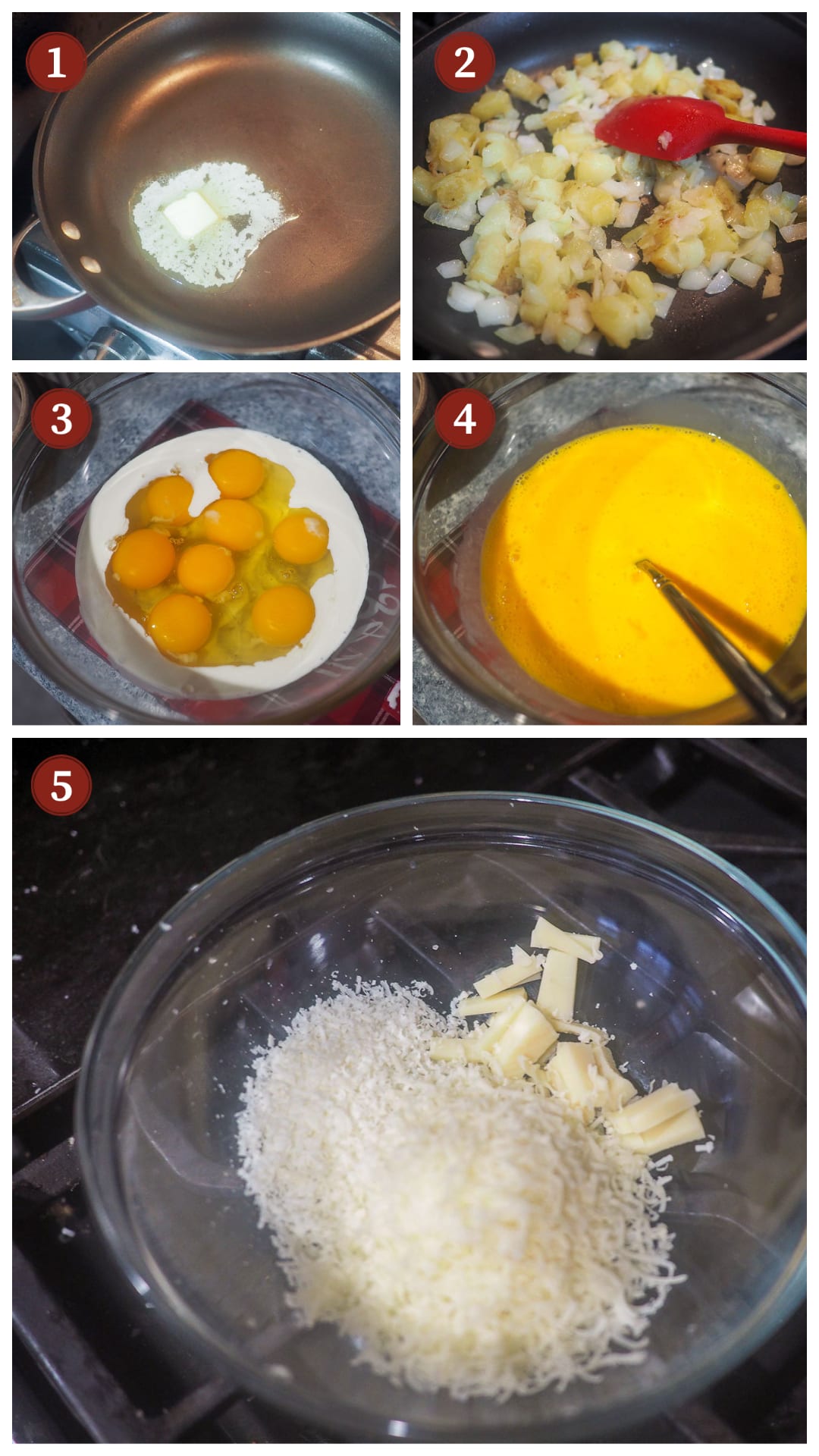 A collage of images showing how to make a ham and cheese frittata, steps 1 - 5.