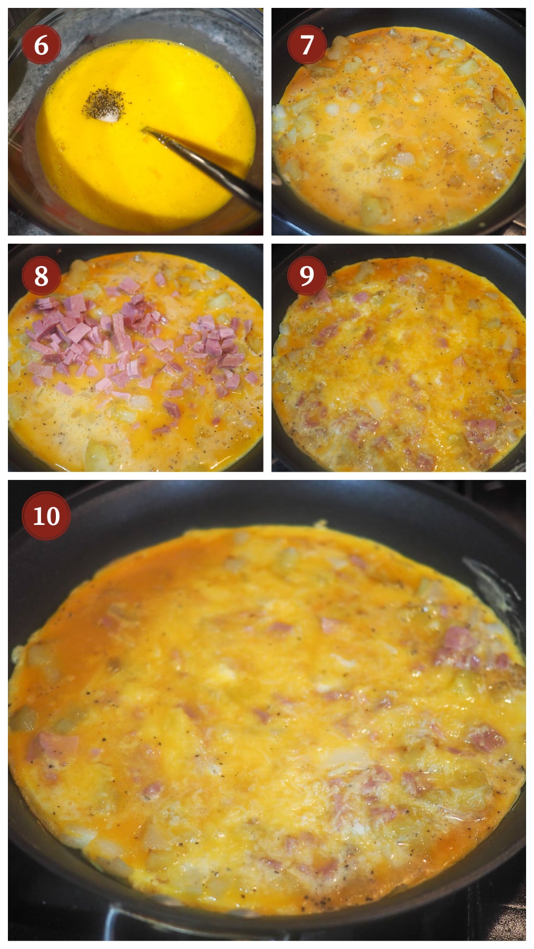 A collage of images showing how to make a ham and cheese frittata, steps 6 - 10.