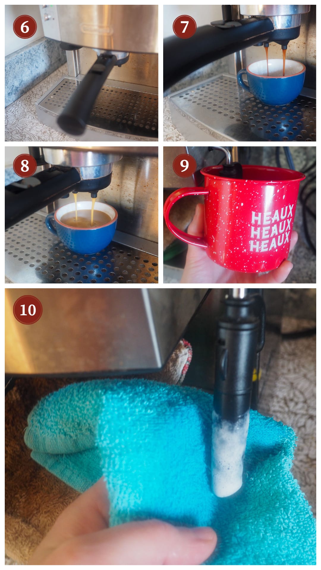 A collage of images showing how to make espresso, steps 6 - 10.