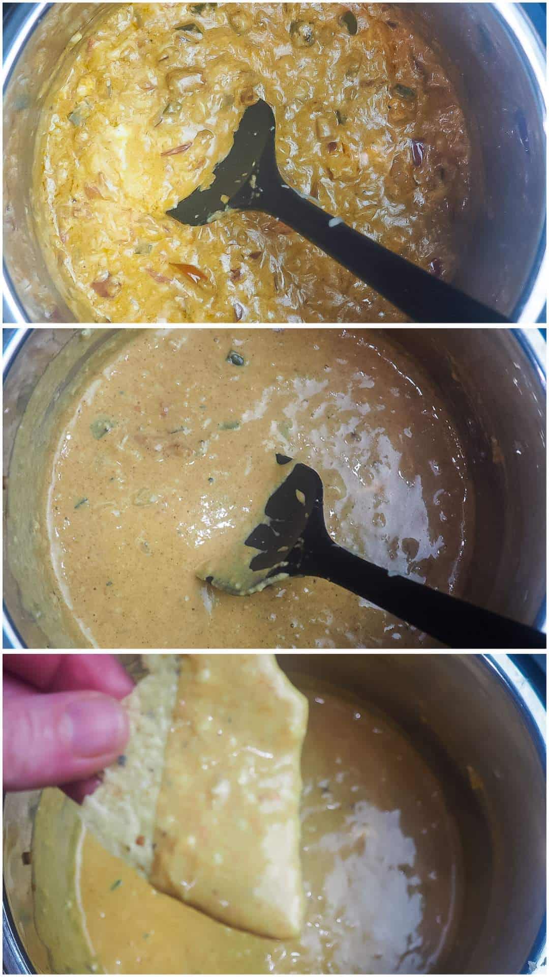 A collage of three images showing cheddar cheese melting into queso.