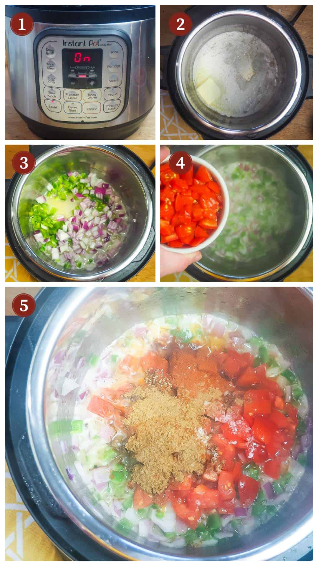 A collage of images showing the process of making queso in an Instant Pot, steps 1 - 5.