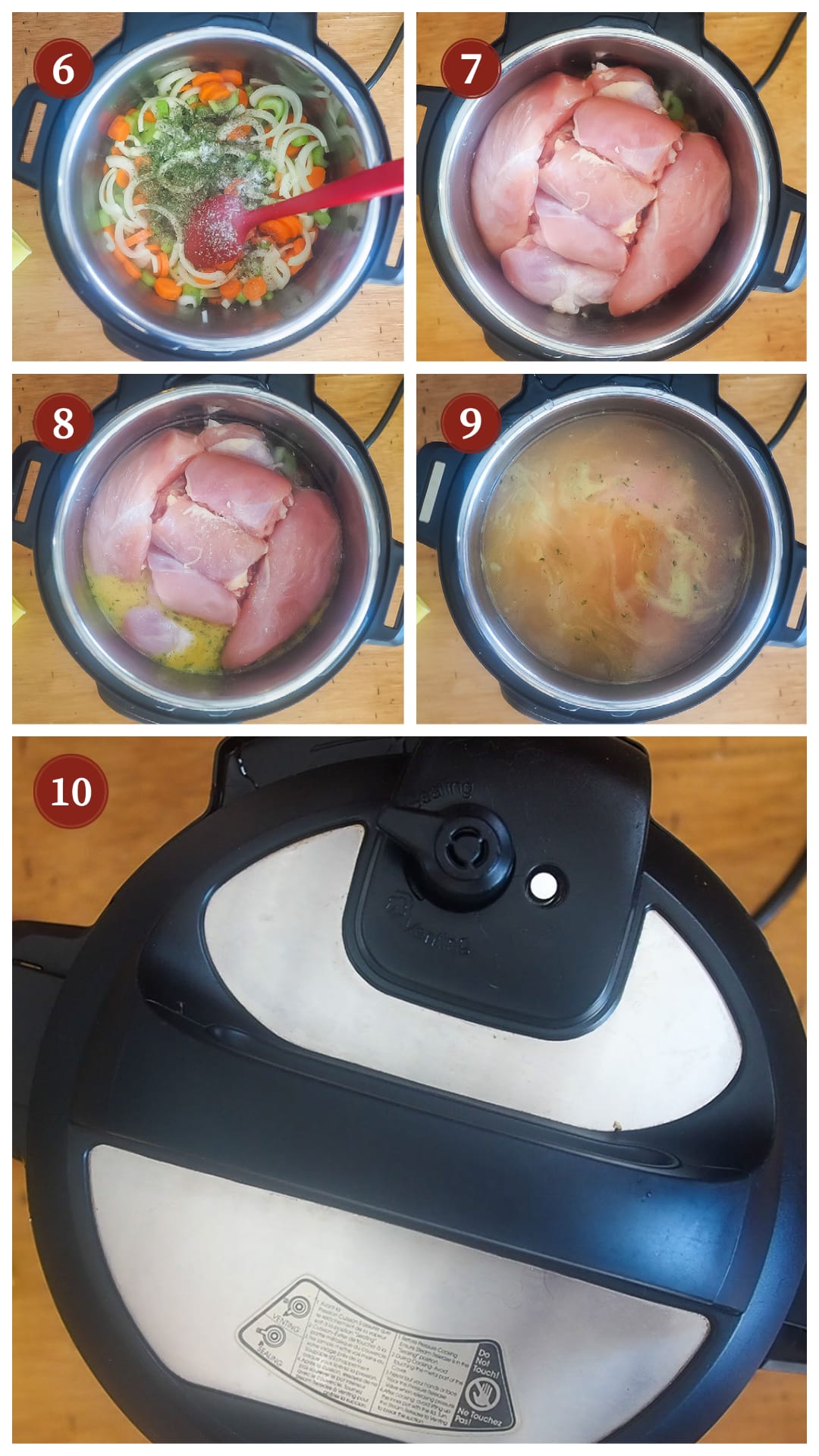 A collage of images showing how to make instant pot chicken noodle soup, steps 6 - 10.