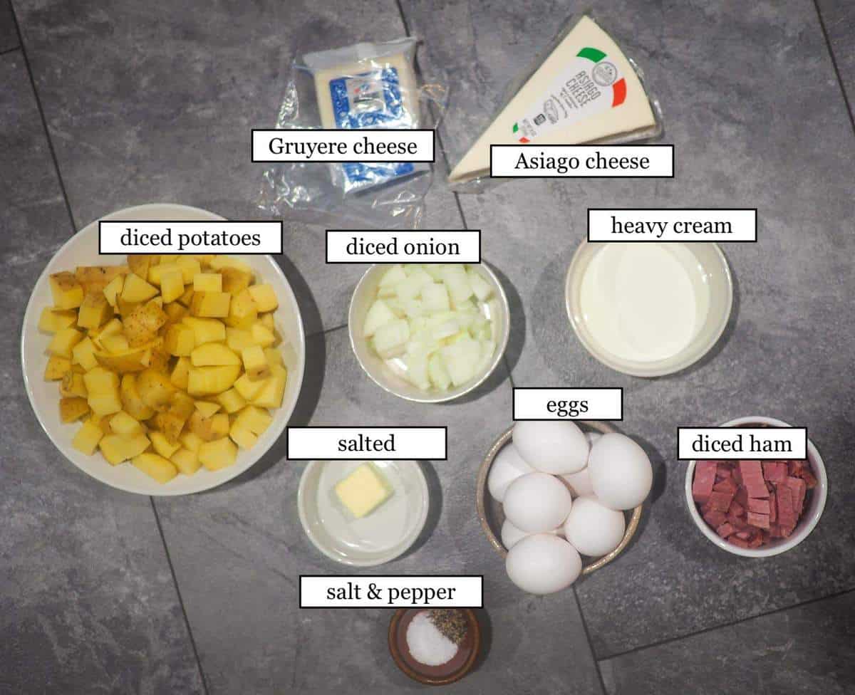 The ingredients in a ham, potato, and cheese frittata, laid out and labeled.