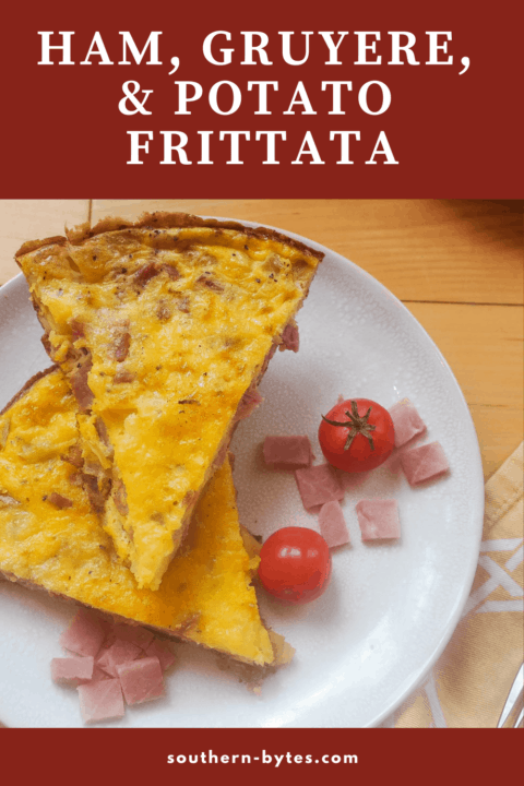 A pin image of two slices of ham and gruyere frittata with some fresh tomatoes on a white plate.