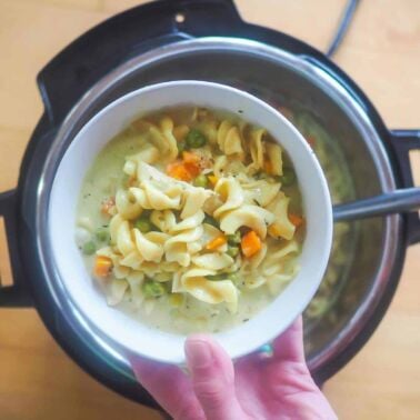 A bowl of chicken pot pie soup over an instant pot.
