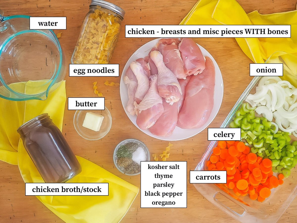 The ingredients in instant pot chicken soup laid out and labeled.