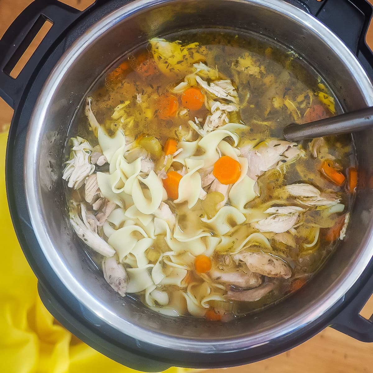 An Instant Pot filled with chicken noodle soup.