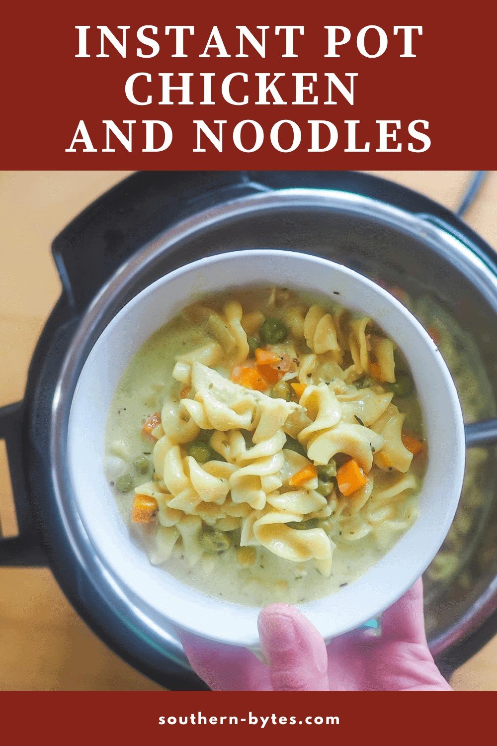 A pin image of a bowl of instant pot chicken pot pie soup.