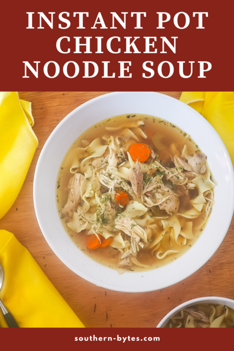 A pin image of a white bowl of chicken noodle soup with yellow napkins.