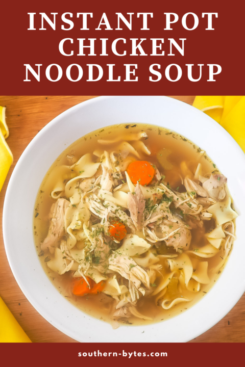 A pin image of a white bowl of chicken noodle soup with yellow napkins.